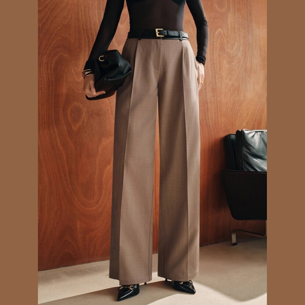 Taupe Brown Pleated Wide Leg Extra Long Trousers